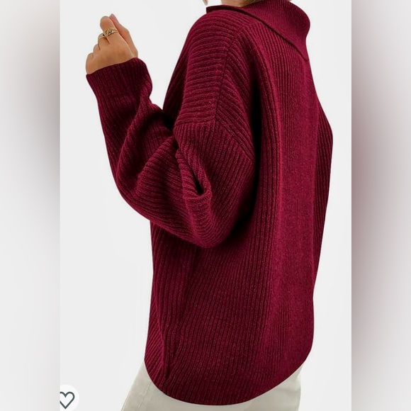 Sweater, notch collar, button trim, Oversize, Shaker knit, Wine XL - Picture 2 of 9